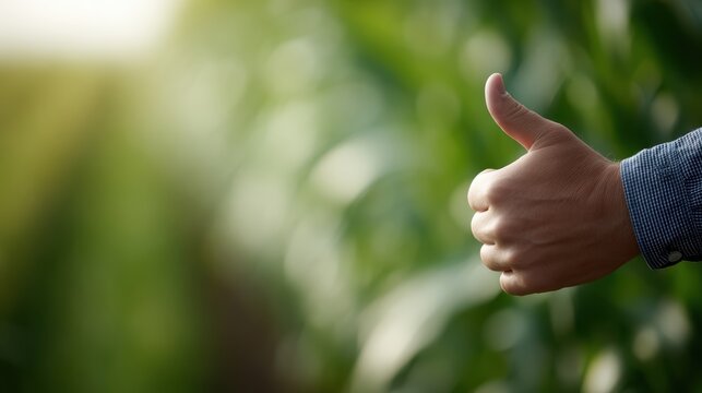 close-up of thumbs up gesture in cornfield, farmer is hand in focus, lush green crops softly blurred