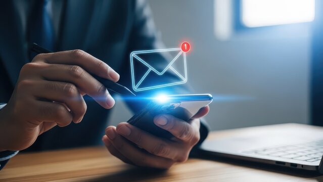 Businessman checking new email notification on smartphone screen - Powered by Adobe