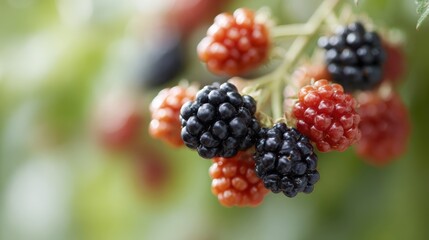 close-up of ripe blackberry on bush, ripe and unripe berries, selective focus, natural background