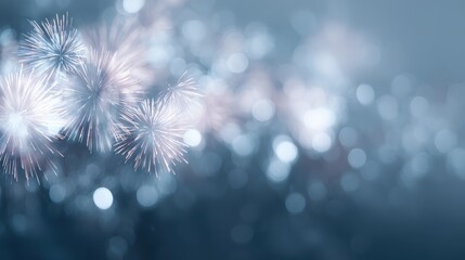 festive gold and blue fireworks exploding, blurred bokeh lights, abstract holiday scene, New Year theme