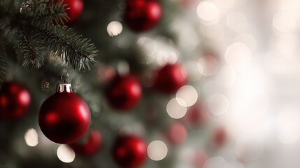 holiday-themed close-up of Christmas tree, red baubles, blurred lights, copy space for festive design