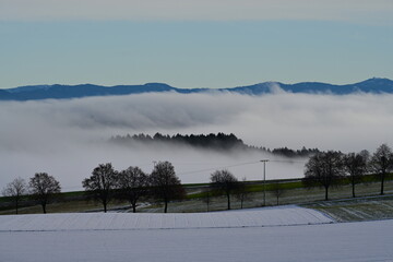 Winterliche Landschaft mit Bergen und Wäldern die von dicken Nebelschwaden durchzogen werden