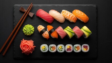 Delicious assortment of fresh sushi and maki rolls artfully arranged on a dark slate platter with chopsticks