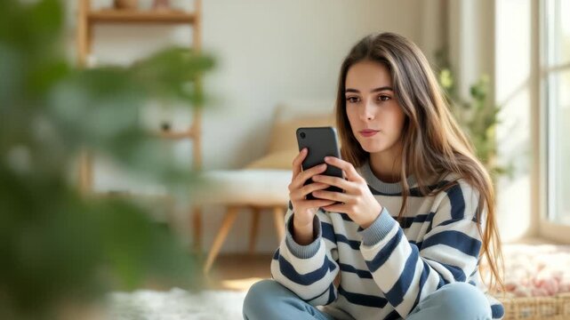 Young caucasian woman with long hair checking smartphone while sitting at home, blurred cozy background, concept of digital lifestyle and social media connectivity
