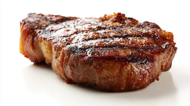 hot fresh grilled boneless ribeye steak, barbecue grill marks, juicy and cooked, isolated on white background