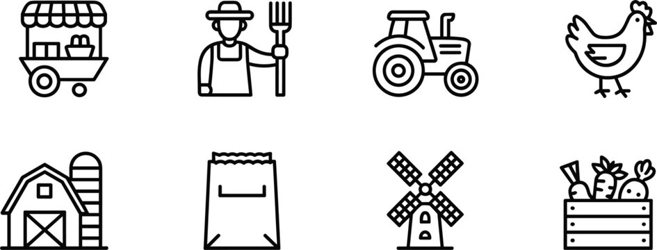 Farming, Agriculture, and Food Production Vector Icon Set: Farmer, Market, Barn, Tractor, Outline Signs, Editable Stroke