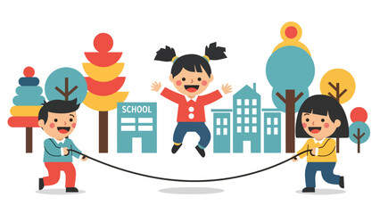 Cheerful kids jumping rope outside at school. Great for physical activity themes, energetic childhood play, fitness routine visuals, and healthy lifestyle concepts. © Amie