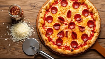 Delicious whole pepperoni pizza with shredded cheese and chili flakes on a rustic wooden table