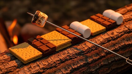 Delicious smores ingredients roasting over a crackling campfire on a rustic log