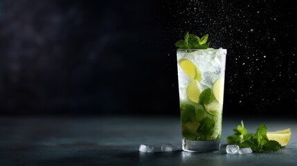 refreshing mojito drink with mint leaves and citrus, glass splash effect, ice cubes flying, dramatic black backdrop