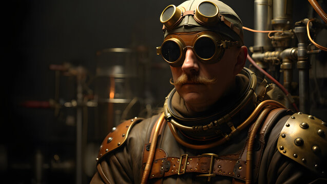 Visionary steampunk engineer with vintage goggles and a mustache, ready for invention in a complex industrial engine room