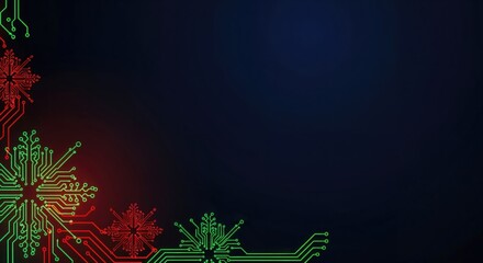 Digital Christmas Snowflakes Made of Glowing Red and Green Circuit Board Patterns on a Dark Blue Background, Representing Modern Technology and Holiday Season