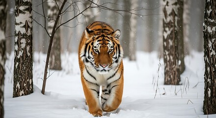 Siberian tiger walks through a snowy forest with birch trees animal wildlife