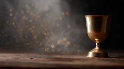 shiny gold trophy placed on wooden surface, moody dark backdrop, sparkling abstract light effects