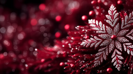 Sparkling red snowflake ornament sits on vibrant background filled with festive hues and lights. Enchanting winter wonderland concept for holiday decorations, event planning, seasonal marketing