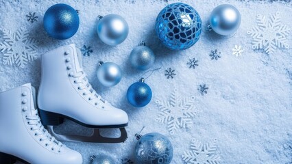 Elegant white ice skates adorned with sparkling blue and silver christmas ornaments and snowflakes on a frosty background