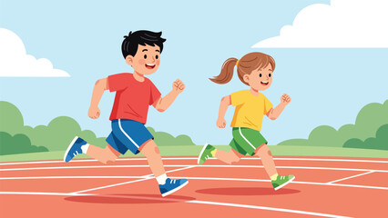 Kids competing in an outdoor race during school field day. Perfect for teamwork, competitive play, physical education, and school event visuals. © Amie