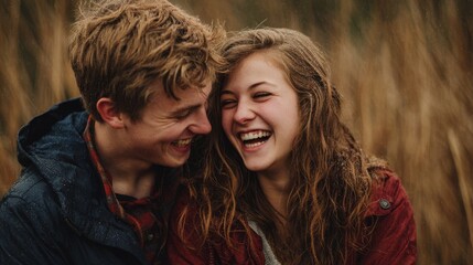 Man and woman smiling while hugging in a warm and joyful outdoor setting together