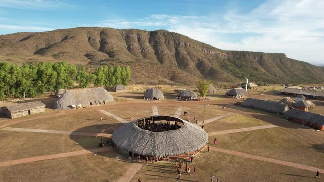Multiethnic Village, a tourist event bringing together indigenous tribes from all over Brazil in Chapada dos Veadeiros, Goi&aacute;s, aerial view