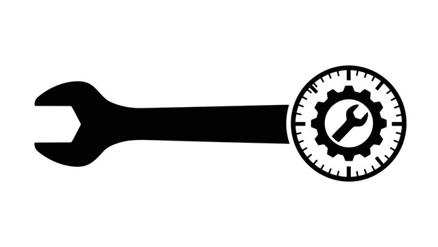 Wrench and gear icon with time markings isolated on white background