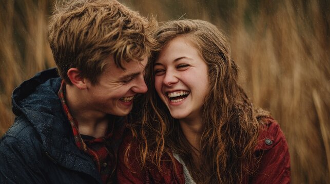 Man and woman smiling while hugging in a warm and joyful outdoor setting together - Powered by Adobe