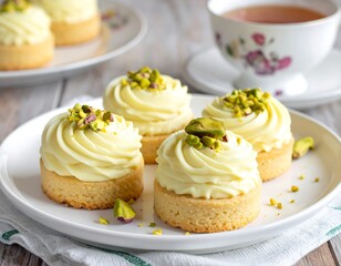 Exquisite pistachio cream tarts with afternoon tea captured in a food photography