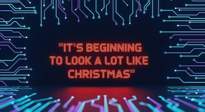 Neon glowing text "IT'S BEGINNING TO LOOK A LOT LIKE CHRISTMAS" on a futuristic circuit board background, digital holiday season concept