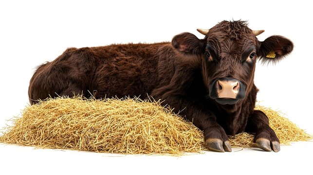 A brown cow is lying down on a pile of hay in front of a white background in a studio setting view