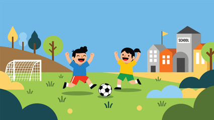 Obraz premium Kids playing soccer during outdoor school recess. Ideal for sports education, teamwork development, movement learning, and active childhood activities.