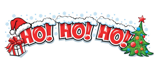 Laugh of Santa Claus "Ho Ho Ho!" Header design element with Santa hat, christmas tree, gift box and copy space for you text. Vector Christmas card template on transparent background.
