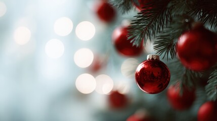 holiday-themed close-up of Christmas tree, red baubles, blurred lights, copy space for festive design