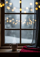 Cozy Winter Window Scene with Hot Drink and Christmas Lights snow rain