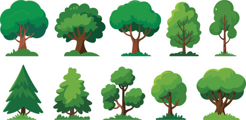 Set of cartoon green forest trees and pine icons isolated on white background for game landscape vector.