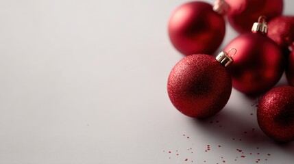 Merry Christmas and Happy New Year card with red festive decorations, elegant holiday design, space for greeting text