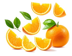 Fresh orange fruit segments and whole orange isolated against a white backdrop