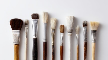 artist paint brushes, different shapes and sizes, worn and used, creative tools for art projects, white backdrop