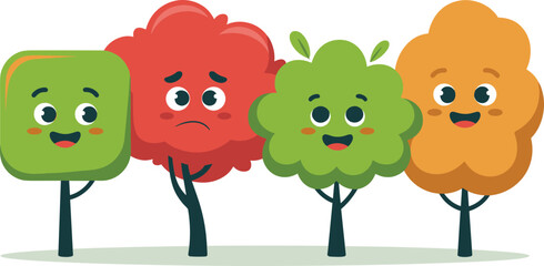 Set of cute cartoon trees with happy and sad faces isolated on white background for kids nature design vector.