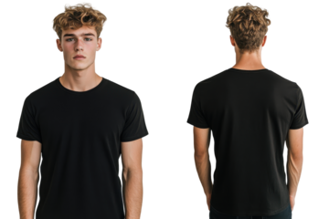 Young man wearing a black t-shirt front and back view isolated on transparent background. Male t-shirt mockup front and back view isolated on white background.