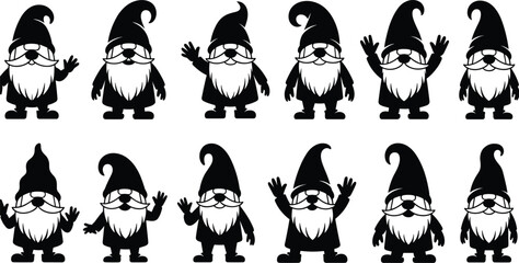 Set of cute garden gnome silhouettes with long beards and pointy hats isolated on white background for christmas vector decoration.