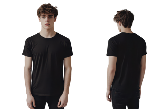 Young man wearing a black t-shirt front and back view isolated on transparent background. Male t-shirt mockup front and back view isolated on white background.