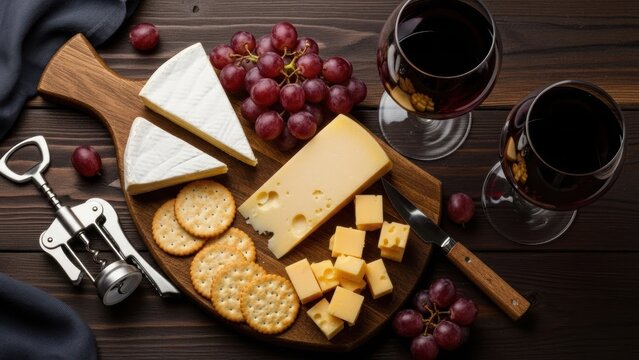 Gourmet cheese and wine pairing with grapes crackers and corkscrew on rustic wooden board overhead view