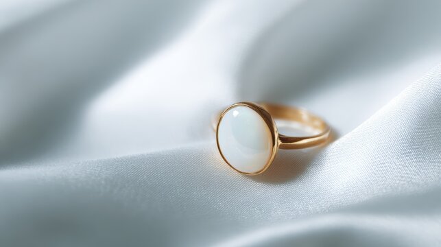 close-up of elegant white opal ring, pure white backdrop, luxury and minimalistic presentation