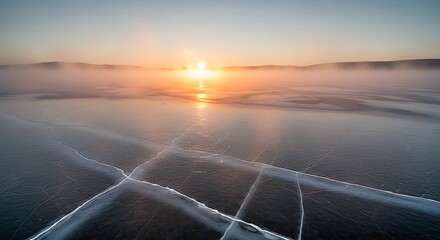 Sunrise Over Cracked Ice Surface of a Frozen Lake sunset