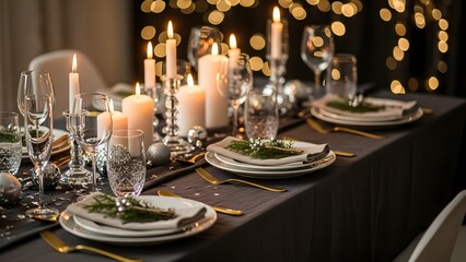 Elegant Christmas table setting with candles and festive decorations, creating a warm and inviting atmosphere for holiday celebrations