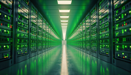 Vast Data Center with Glowing Green Server Racks and Reflective Floor