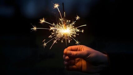 Sparkler held in hand creating a bright explosion of light and sparks against a dark, blurred background, celebratory moment