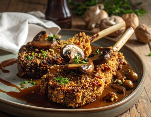 Gourmet Chop Steak with Mushroom Sauce Garnished with Herbs on a Rustic Table
