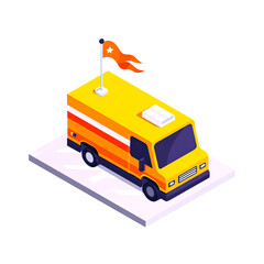 A vibrant yellow food truck with orange stripes parked on a street, ready to serve delicious street food.