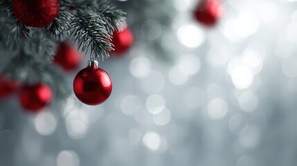 close-up of Christmas tree decorated with red baubles, bokeh background, space for holiday text or design