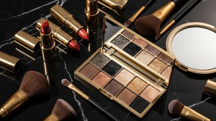 Luxurious collection of gold toned makeup products including lipsticks and eyeshadow palette on a dark marble surface